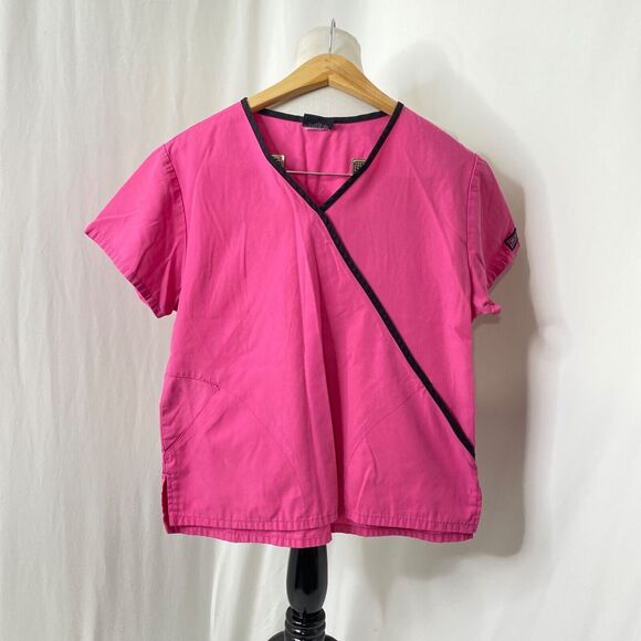 Womens Medium Scrubs Top Cherokee Workwear Pink and Black Short Sleeve - Picture 2 of 7